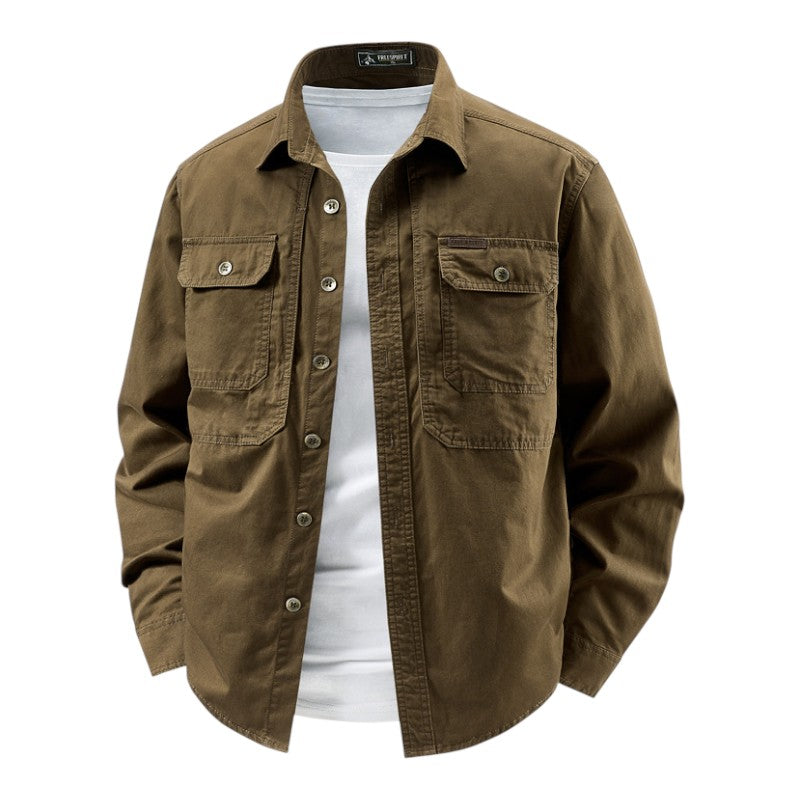 Structured button front work shirt with dual chest pockets for men | Halden