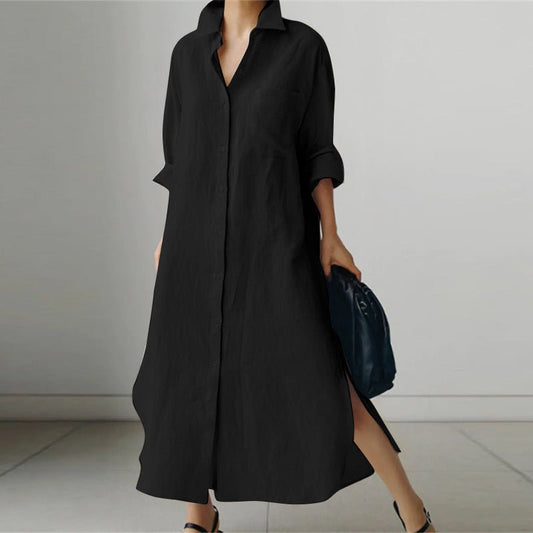 Oversized shirt dress with collar and side slits for women | Marina