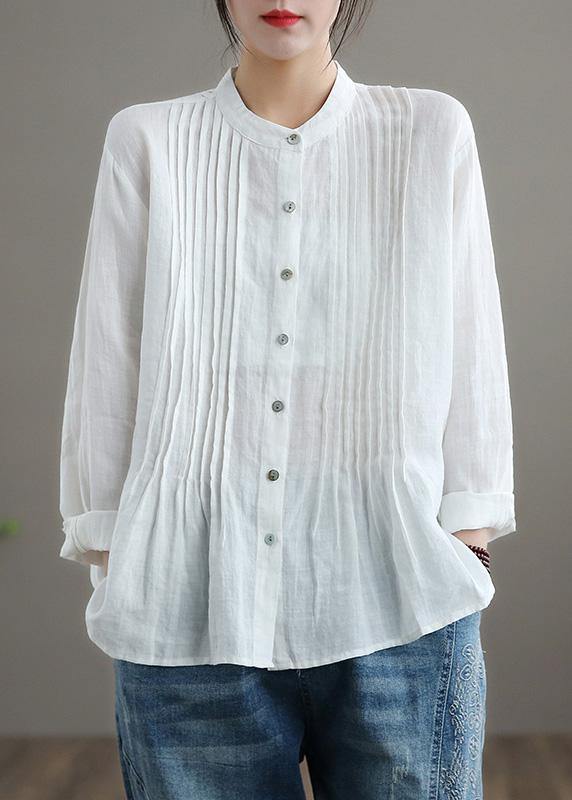 Relaxed stand-collar linen tunic blouse for women -1