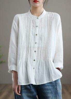 Relaxed stand-collar linen tunic blouse for women -4