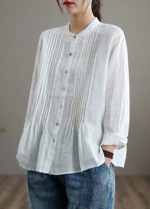 Relaxed stand-collar linen tunic blouse for women -5