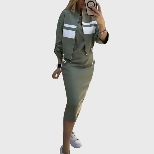 Sporty zip up top and mid length skirt two piece set for women | Alvera