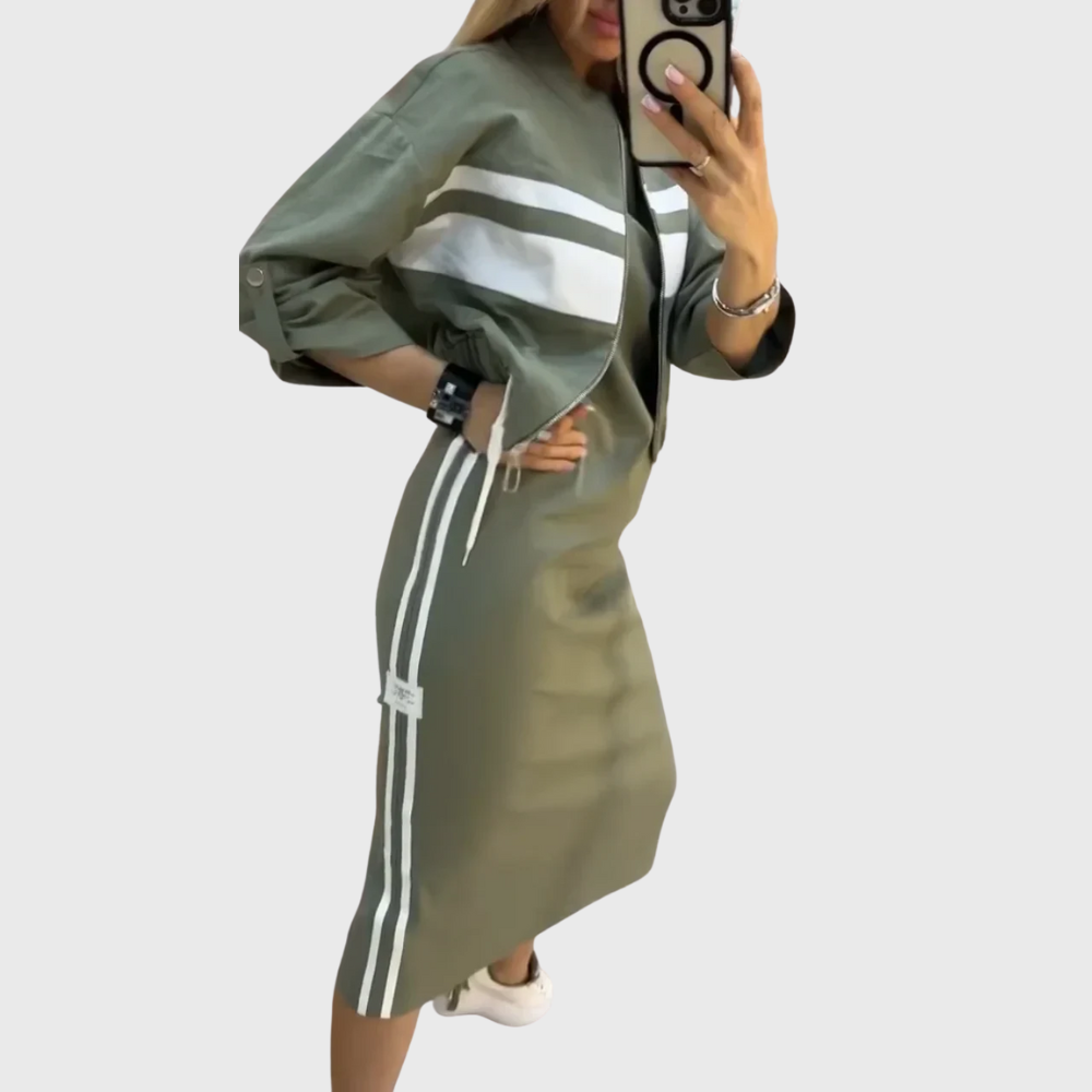Sporty zip up top and mid length skirt two piece set for women | Alvera
