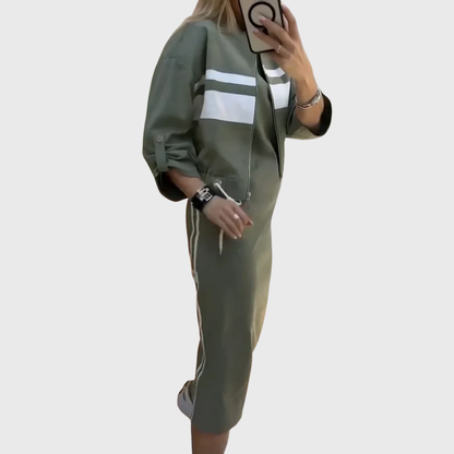 Sporty zip up top and mid length skirt two piece set for women | Alvera
