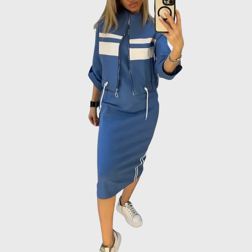 Sporty zip up top and mid length skirt two piece set for women | Alvera
