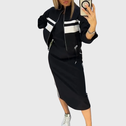 Sporty zip up top and mid length skirt two piece set for women | Alvera