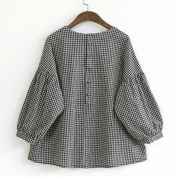 Plaid asymmetric plus-size cotton blouse for women -6
