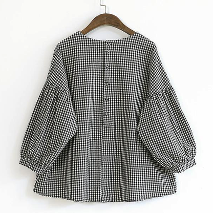 Plaid asymmetric plus-size cotton blouse for women -6