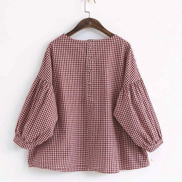 Plaid asymmetric plus-size cotton blouse for women -7