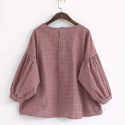 Plaid asymmetric plus-size cotton blouse for women -7