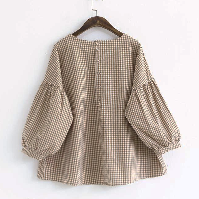 Plaid asymmetric plus-size cotton blouse for women -8