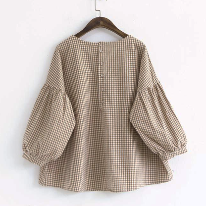 Plaid asymmetric plus-size cotton blouse for women -8