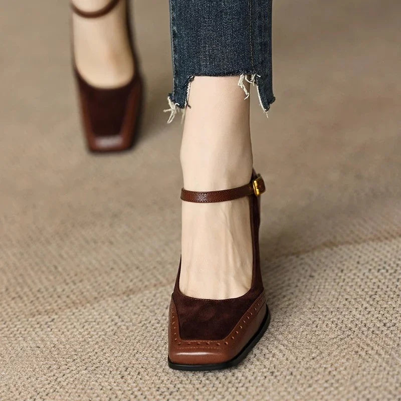 Square Toe Buckle Strap Block Heels for women | Valenza