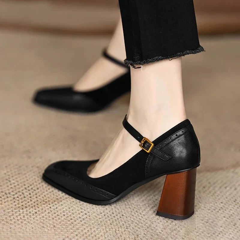Square Toe Buckle Strap Block Heels for women | Valenza