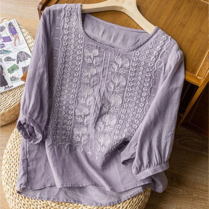 Floral embroidered high low hem linen blouse for women | Seraphine