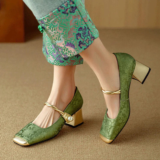 Floral embossed square toe block heels for women | Casvian Fleur