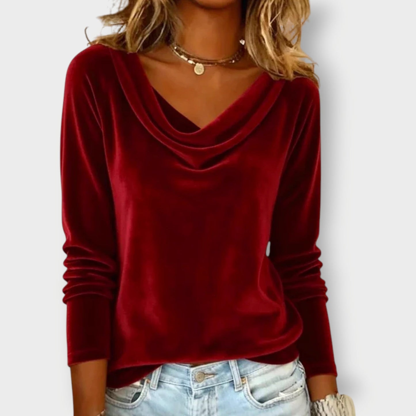 Elegant velvet drape neck top with relaxed silhouette for women | Margaret