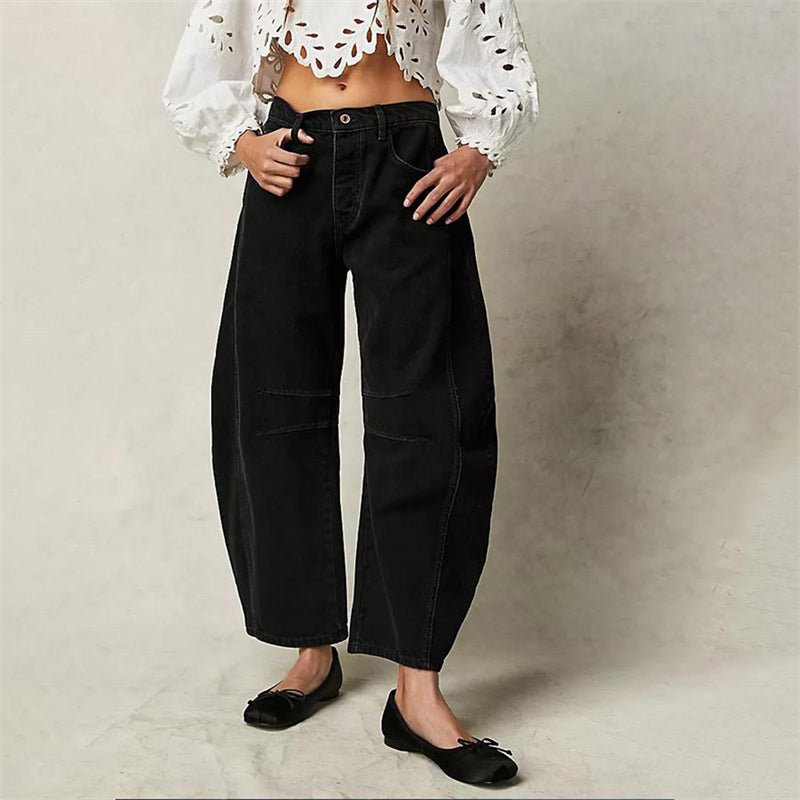 Mid rise barrel leg jeans with sculpted knee darts for women | Elira