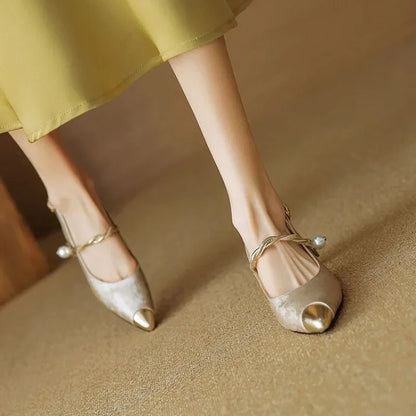 Pearl strap slingback pumps with sculpted flared heel for women | Elowire