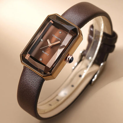 Classic slim rectangular leather strap wristwatch for women | Aurora -1