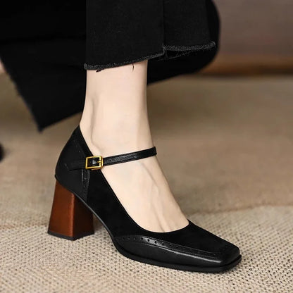 Square Toe Buckle Strap Block Heels for women | Valenza