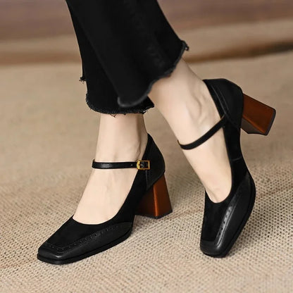 Square Toe Buckle Strap Block Heels for women | Valenza