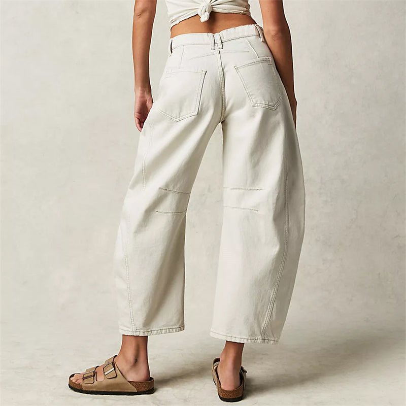 Mid rise barrel leg jeans with sculpted knee darts for women | Elira