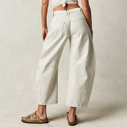 Mid rise barrel leg jeans with sculpted knee darts for women | Elira