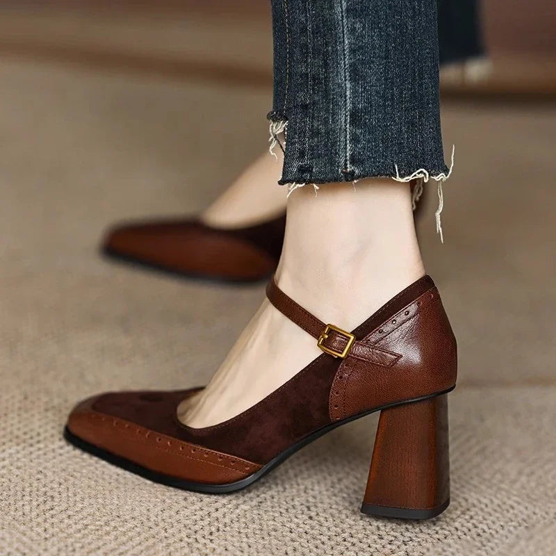 Square Toe Buckle Strap Block Heels for women | Valenza