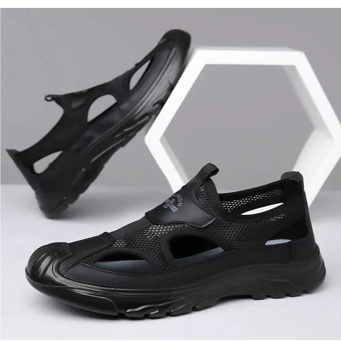 Breathable open panel slide sandals with cushioned sole for men | Rovik