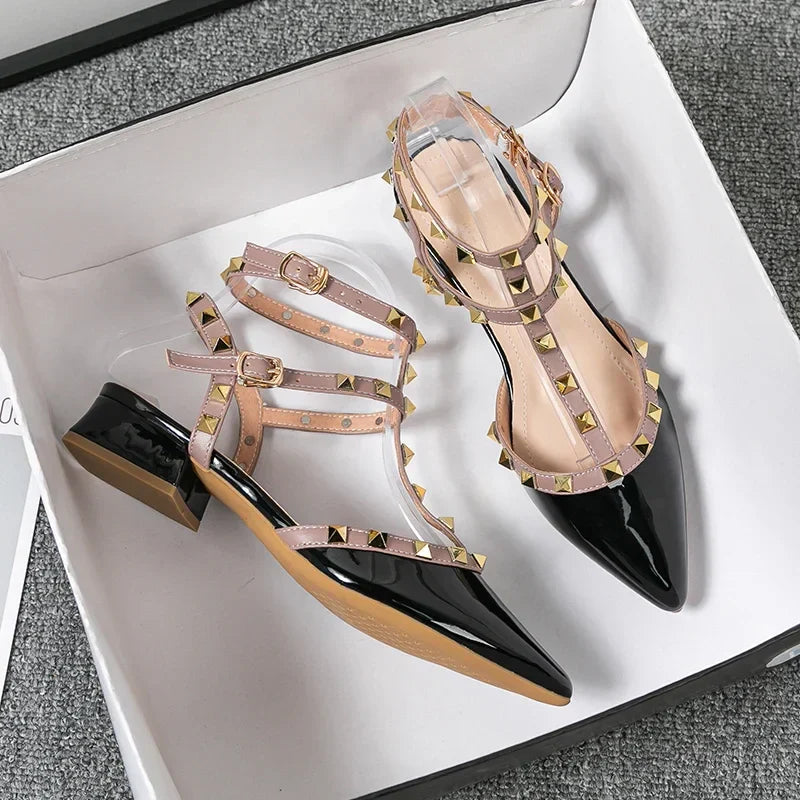 Studded Ankle Strap Block Heel Pumps for women | Calista