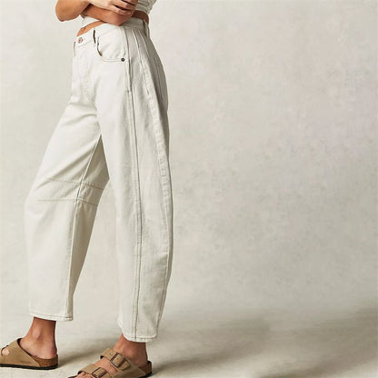 Mid rise barrel leg jeans with sculpted knee darts for women | Elira
