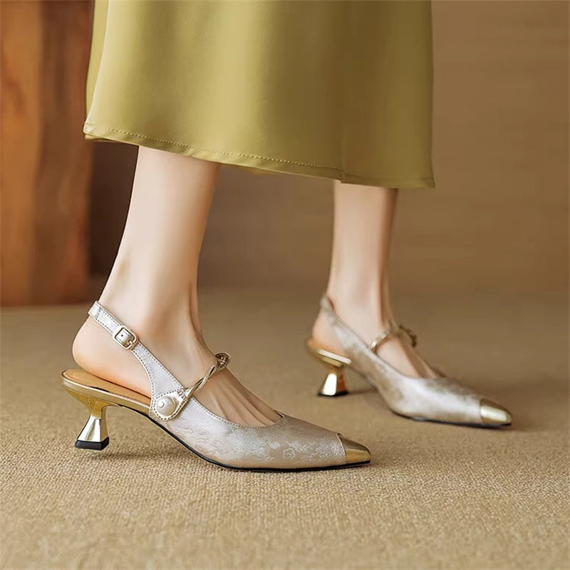 Vintage Pearl Strap Kitten Heel Pumps for women | Elowara