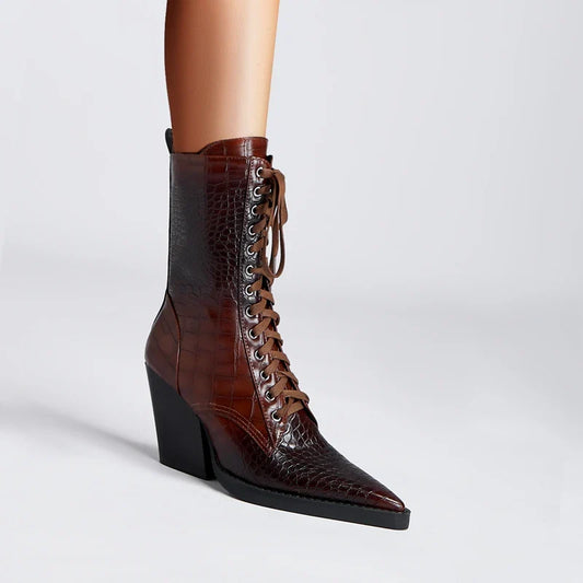 Western-inspired lace-up block heel boots for women | Izzy Ryder