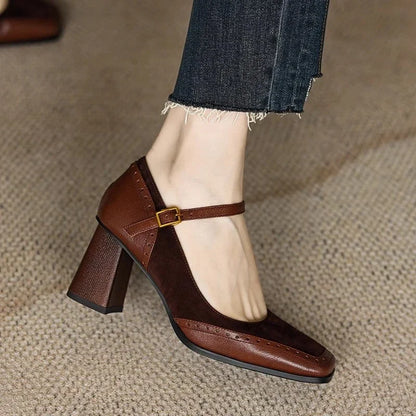 Square Toe Buckle Strap Block Heels for women | Valenza