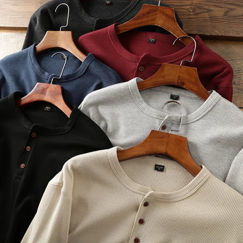 Relaxed fit waffle knit henley long sleeve top for men | Ardin