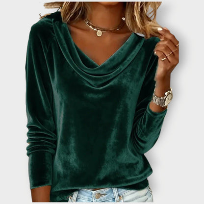Elegant velvet drape neck top with relaxed silhouette for women | Margaret