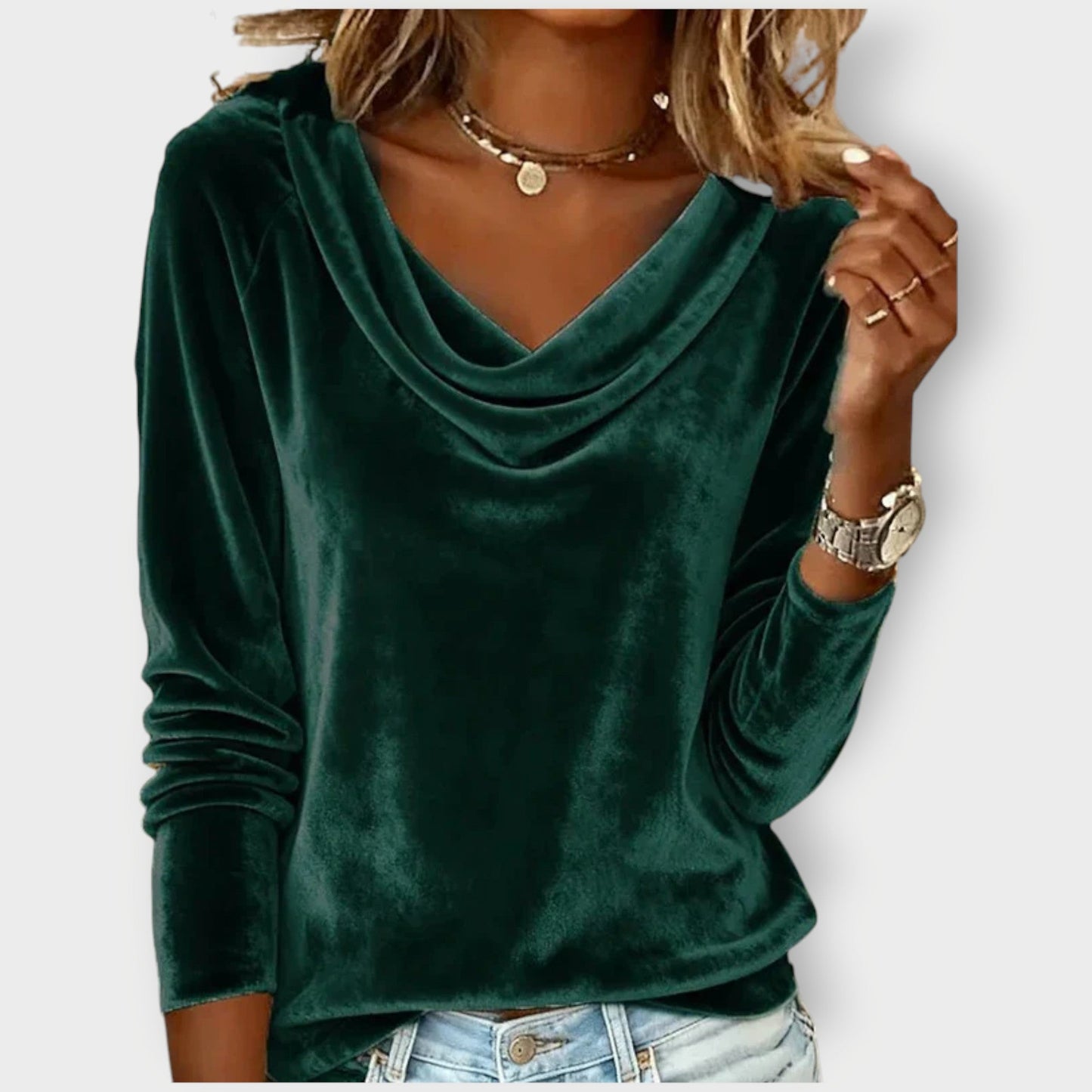 Elegant velvet drape neck top with relaxed silhouette for women | Margaret
