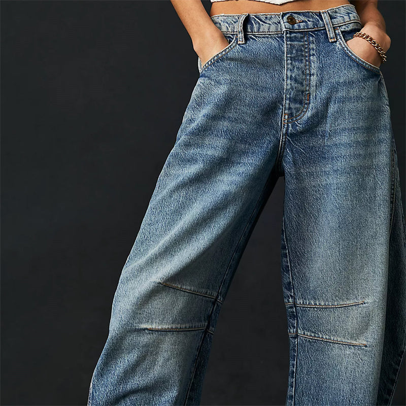 Mid rise barrel leg jeans with sculpted knee darts for women | Elira