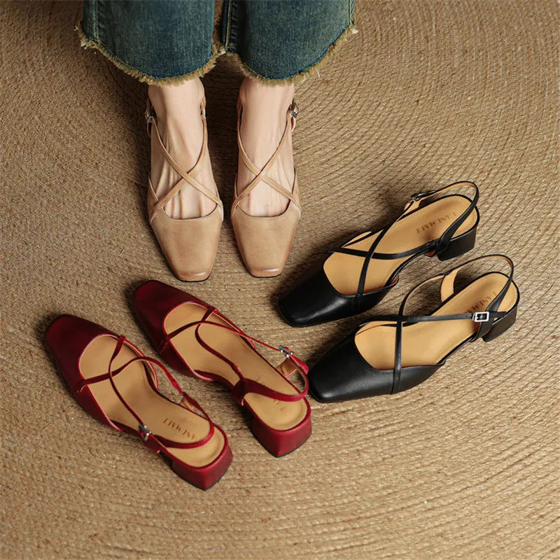 Classic block heel leather strap heels for women | Cecelia -17
