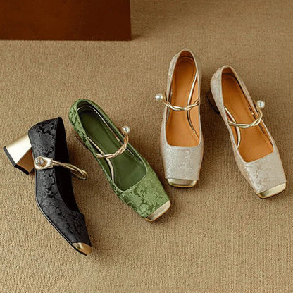 Floral embossed square toe block heels for women | Casvian Fleur