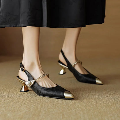 Pearl strap slingback pumps with sculpted flared heel for women | Elowire