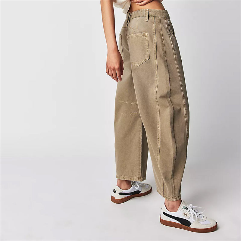 Mid rise barrel leg jeans with sculpted knee darts for women | Elira
