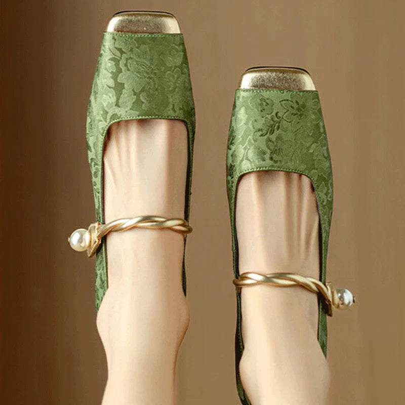 Floral embossed square toe block heels for women | Casvian Fleur