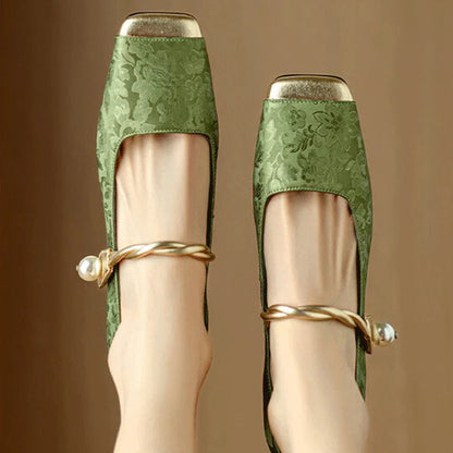 Floral embossed square toe block heels for women | Casvian Fleur