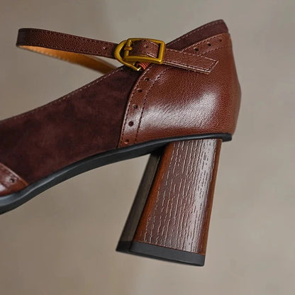 Square Toe Buckle Strap Block Heels for women | Valenza