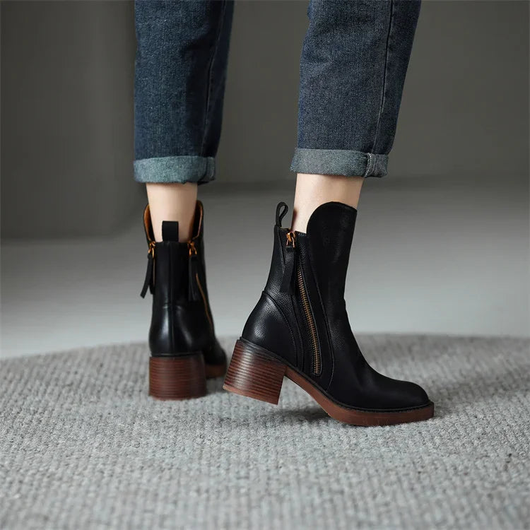 Sleek Round Toe Block Heel Ankle Boots for women | Fiora