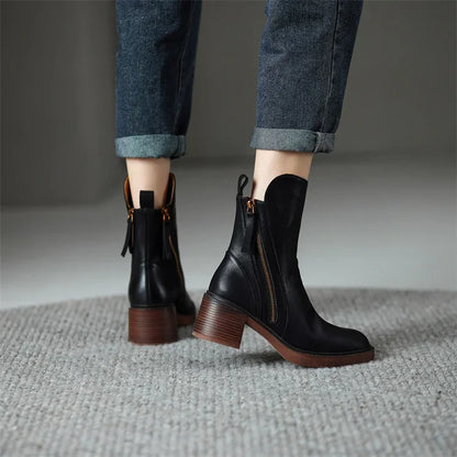 Sleek Round Toe Block Heel Ankle Boots for women | Fiora