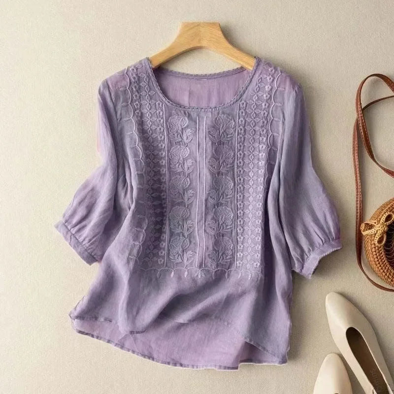 Floral embroidered high low hem linen blouse for women | Seraphine