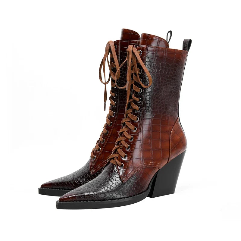 Western-inspired lace-up block heel boots for women | Izzy Ryder